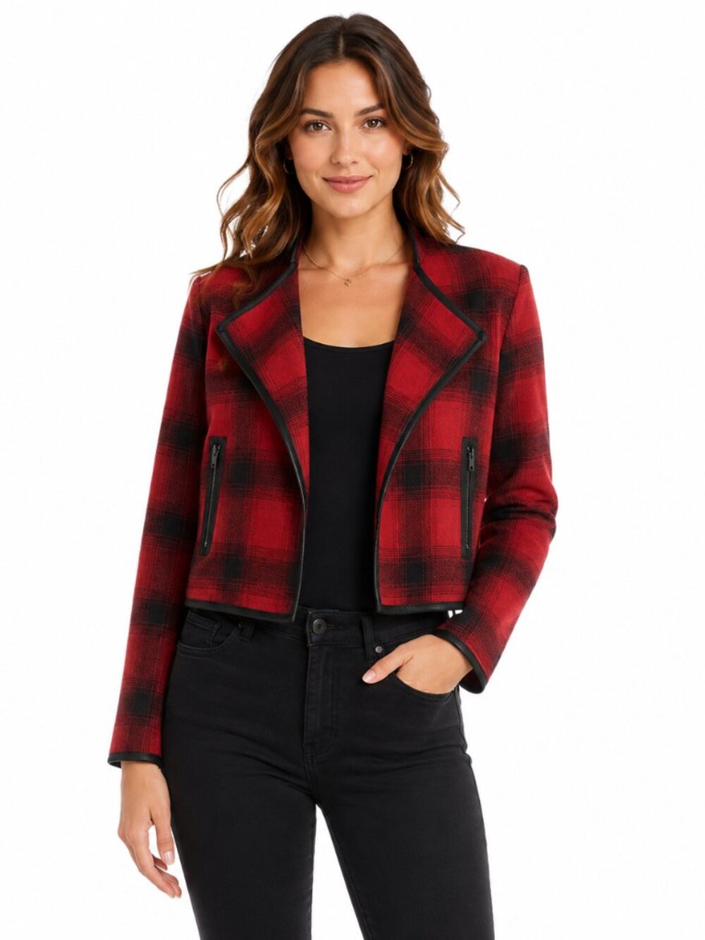Ruff Hewn Grey Women's Red & Black Plaid Open Front Wool Blend Jacket